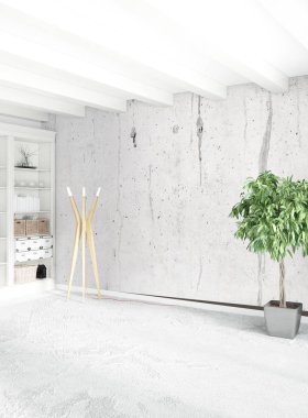 Modern çatı iç yatak odası veya oturma odası alanı ile eklektik duvar ile. 3D render.