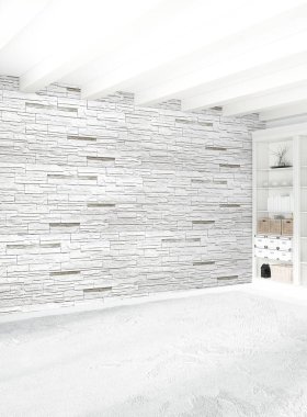 Modern çatı iç yatak odası veya oturma odası alanı ile eklektik duvar ile. 3D render.