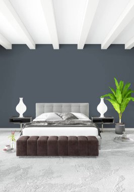 Modern çatı iç yatak odası veya oturma odası alanı ile eklektik duvar ile. 3D render.