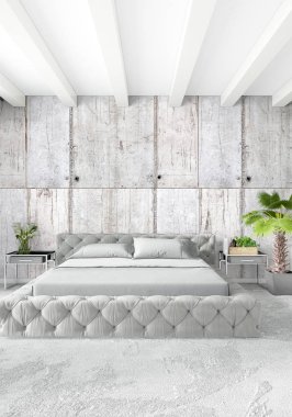 Modern çatı iç yatak odası veya oturma odası alanı ile eklektik duvar ile. 3D render.