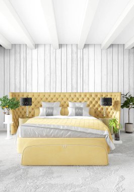 Modern çatı iç yatak odası veya oturma odası alanı ile eklektik duvar ile. 3D render.