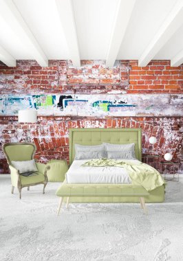 Modern çatı iç yatak odası veya oturma odası alanı ile eklektik duvar ile. 3D render.