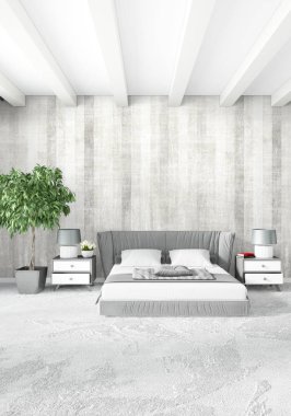 Modern çatı iç yatak odası veya oturma odası alanı ile eklektik duvar ile. 3D render.