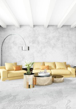 Modern çatı iç yatak odası veya oturma odası alanı ile eklektik duvar ile. 3D render.