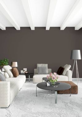 Modern çatı iç yatak odası veya oturma odası alanı ile eklektik duvar ile. 3D render.
