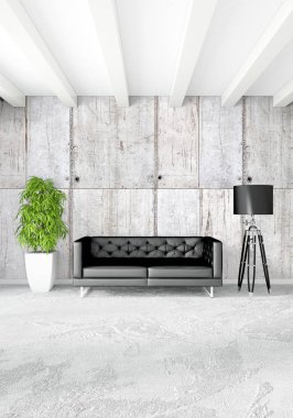 Modern çatı iç yatak odası veya oturma odası alanı ile eklektik duvar ile. 3D render.