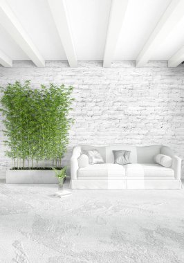 Modern çatı iç yatak odası veya oturma odası alanı ile eklektik duvar ile. 3D render.