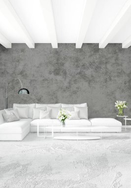 Modern çatı iç yatak odası veya oturma odası alanı ile eklektik duvar ile. 3D render.