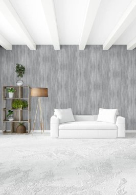 Modern çatı iç yatak odası veya oturma odası alanı ile eklektik duvar ile. 3D render.