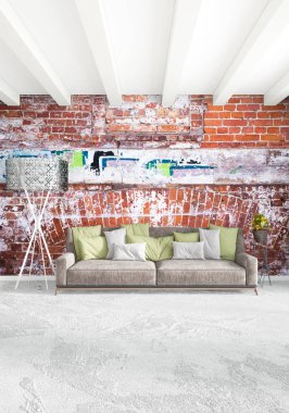 Modern çatı iç yatak odası veya oturma odası alanı ile eklektik duvar ile. 3D render.