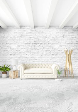 Modern çatı iç yatak odası veya oturma odası alanı ile eklektik duvar ile. 3D render.