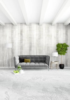 Modern çatı iç yatak odası veya oturma odası alanı ile eklektik duvar ile. 3D render.