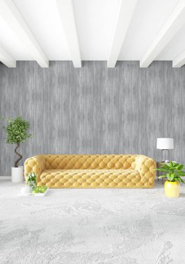 Modern çatı iç yatak odası veya oturma odası alanı ile eklektik duvar ile. 3D render.