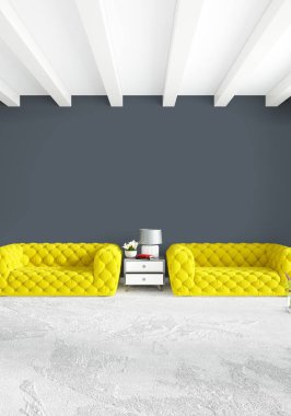 Modern çatı iç yatak odası veya oturma odası alanı ile eklektik duvar ile. 3D render.