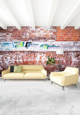 Modern çatı iç yatak odası veya oturma odası alanı ile eklektik duvar ile. 3D render.