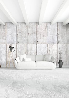 Modern çatı iç yatak odası veya oturma odası alanı ile eklektik duvar ile. 3D render.