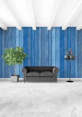 Modern çatı iç yatak odası veya oturma odası alanı ile eklektik duvar ile. 3D render.