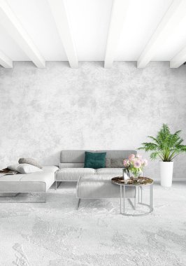 Modern çatı iç yatak odası veya oturma odası alanı ile eklektik duvar ile. 3D render.