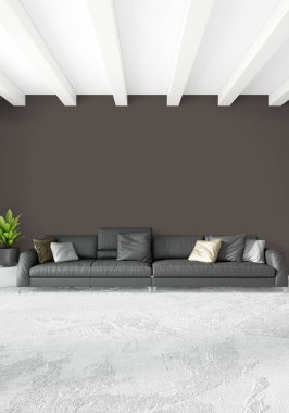 Modern çatı iç yatak odası veya oturma odası alanı ile eklektik duvar ile. 3D render.