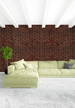 Modern çatı iç yatak odası veya oturma odası alanı ile eklektik duvar ile. 3D render.