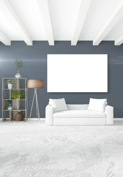 Вертикальный современный интерьер спальни или гостиной с эклектичной стеной и пустой рамой для копирования рисунка. 3D рендеринг — стоковое фото