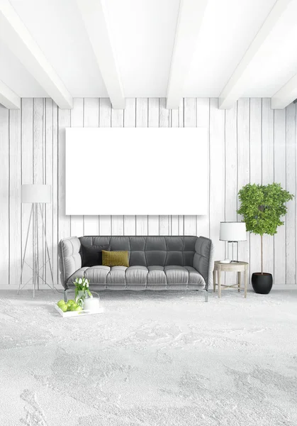Chambre intérieure moderne verticale ou salon avec mur éclectique et cadre vide pour le dessin de l'espace de copie. rendu 3D — Photo