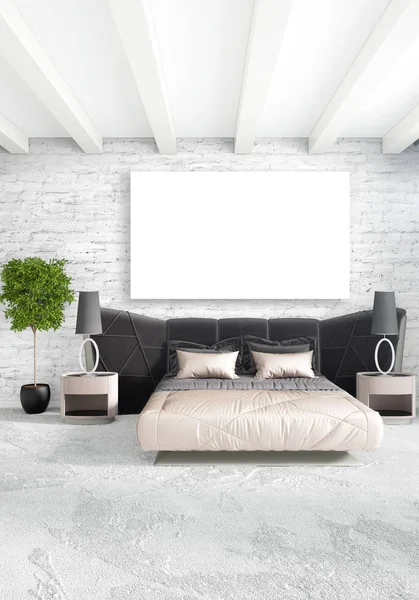 Camera da letto moderna verticale o soggiorno con parete eclettica e cornice vuota per il disegno copyspace. Rendering 3D — Foto Stock