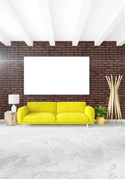 Вертикальный современный интерьер спальни или гостиной с эклектичной стеной и пустой рамой для копирования рисунка. 3D рендеринг — стоковое фото