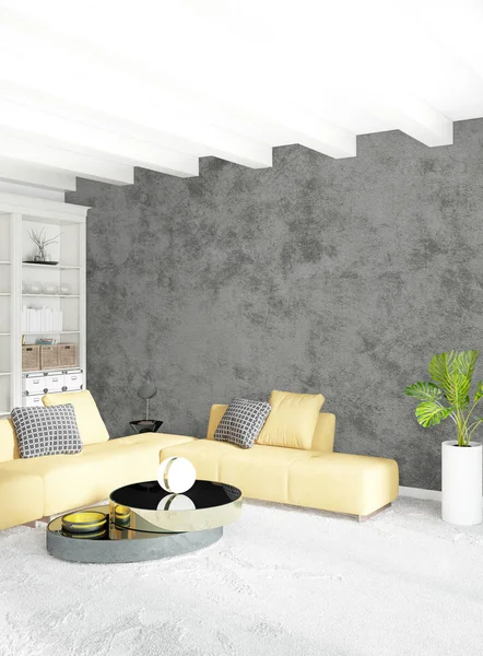 Modern çatı iç yatak odası veya oturma odası alanı ile eklektik duvar ile. 3D render.