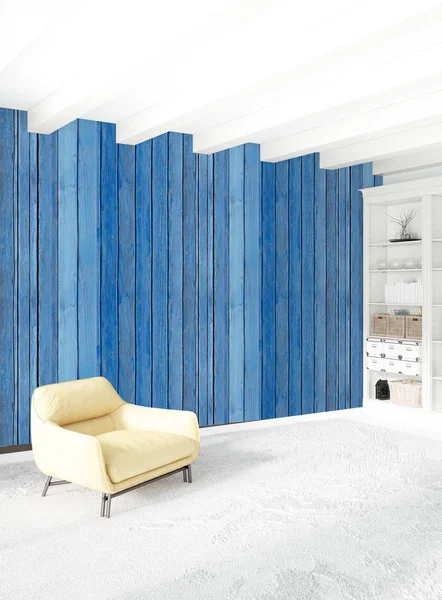 Modern çatı iç yatak odası veya oturma odası alanı ile eklektik duvar ile. 3D render.