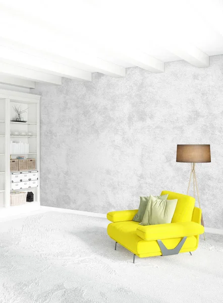 Modern çatı iç yatak odası veya oturma odası alanı ile eklektik duvar ile. 3D render.