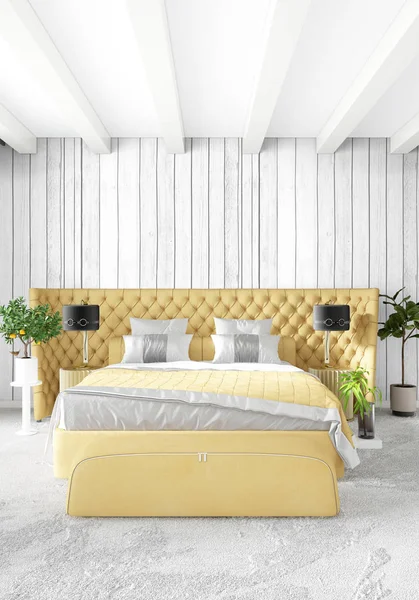 Modern çatı iç yatak odası veya oturma odası alanı ile eklektik duvar ile. 3D render.