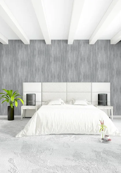 Modern çatı iç yatak odası veya oturma odası alanı ile eklektik duvar ile. 3D render.