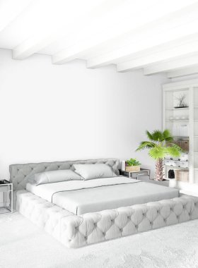 Modern çatı iç yatak odası veya oturma odası alanı ile eklektik duvar ile. 3D render.