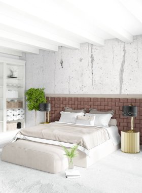 Modern çatı iç yatak odası veya oturma odası alanı ile eklektik duvar ile. 3D render.