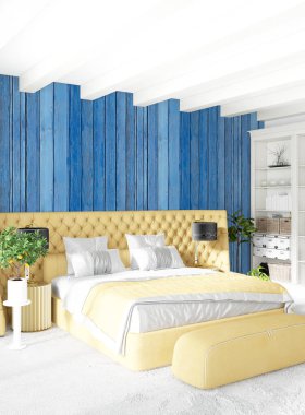 Modern çatı iç yatak odası veya oturma odası alanı ile eklektik duvar ile. 3D render.