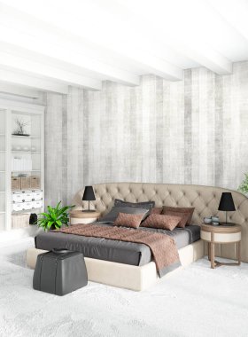 Modern çatı iç yatak odası veya oturma odası alanı ile eklektik duvar ile. 3D render.