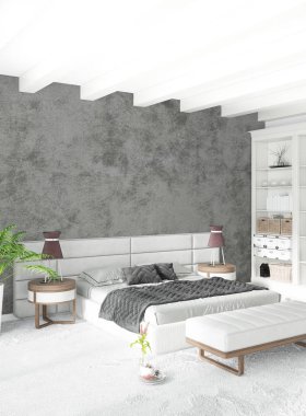 Modern çatı iç yatak odası veya oturma odası alanı ile eklektik duvar ile. 3D render.