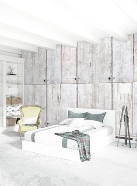 Modern çatı iç yatak odası veya oturma odası alanı ile eklektik duvar ile. 3D render.