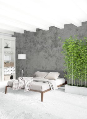 Modern çatı iç yatak odası veya oturma odası alanı ile eklektik duvar ile. 3D render.