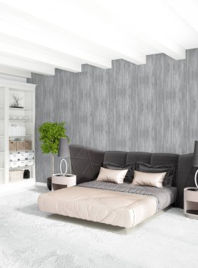 Modern çatı iç yatak odası veya oturma odası alanı ile eklektik duvar ile. 3D render.