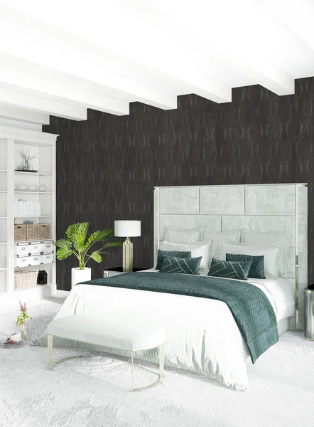 Modern çatı iç yatak odası veya oturma odası alanı ile eklektik duvar ile. 3D render.