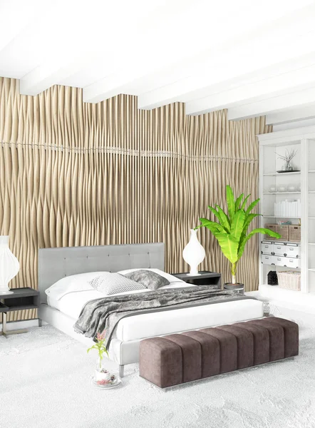 Modern çatı iç yatak odası veya oturma odası alanı ile eklektik duvar ile. 3D render. — Stok fotoğraf