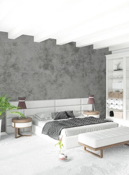 Modern çatı iç yatak odası veya oturma odası alanı ile eklektik duvar ile. 3D render.