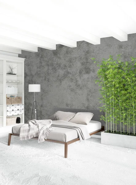 Modern çatı iç yatak odası veya oturma odası alanı ile eklektik duvar ile. 3D render.