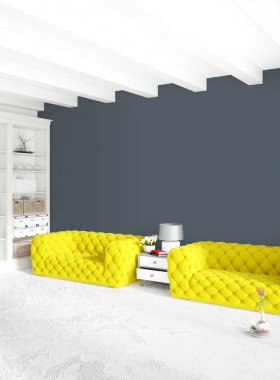 Modern çatı iç yatak odası veya oturma odası alanı ile eklektik duvar ile. 3D render.