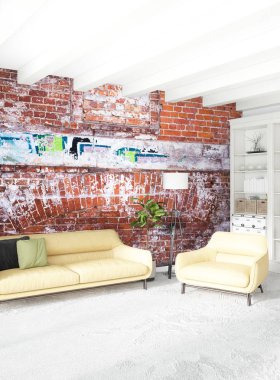 Modern çatı iç yatak odası veya oturma odası alanı ile eklektik duvar ile. 3D render.