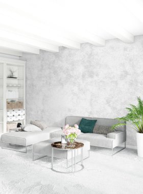 Modern çatı iç yatak odası veya oturma odası alanı ile eklektik duvar ile. 3D render.