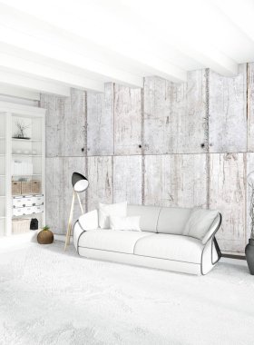 Modern çatı iç yatak odası veya oturma odası alanı ile eklektik duvar ile. 3D render.