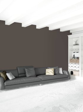 Modern çatı iç yatak odası veya oturma odası alanı ile eklektik duvar ile. 3D render.